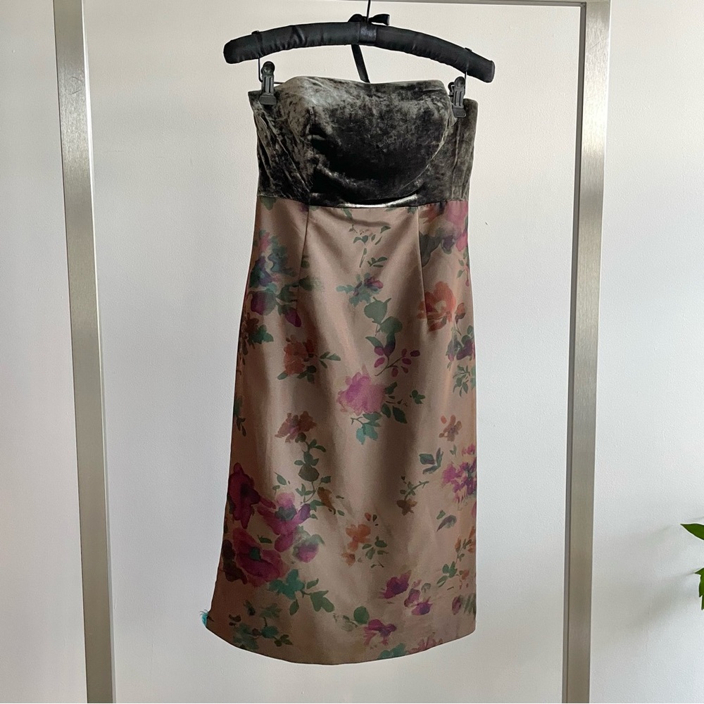 Cacharel 1990s Vintage Velvet Bustier Floral Taffeta Party Dress